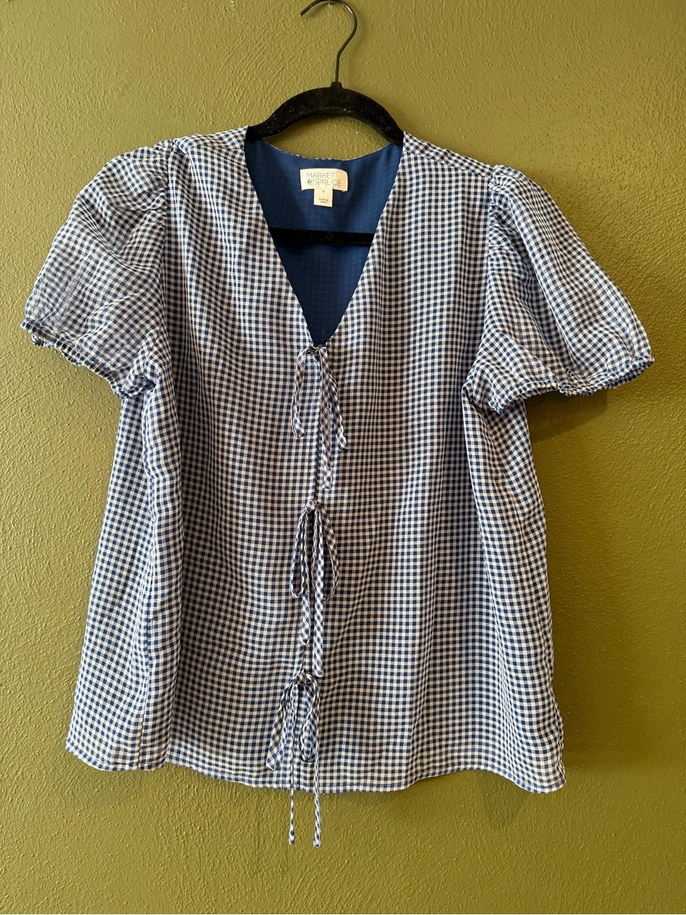 Market & Spruce Navy and White Gingham Tie-Front Puff Sleeve Blouse
